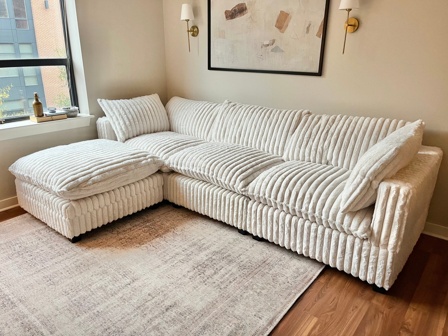 Ivory Stripe Four Piece Cloud Sectional Couch