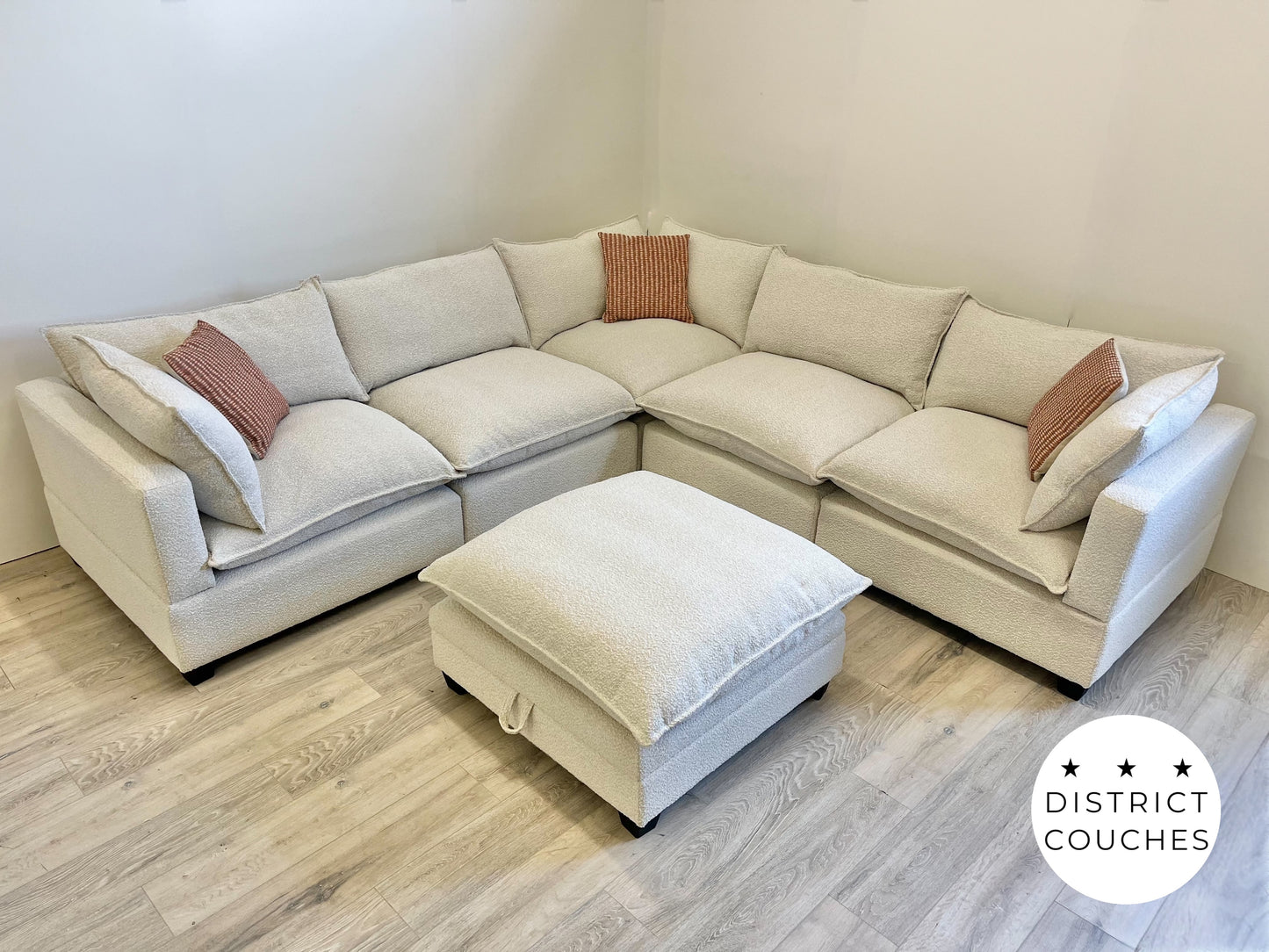 Six Piece L-Shaped Cloud-Style Sectional Couch with Ottoman