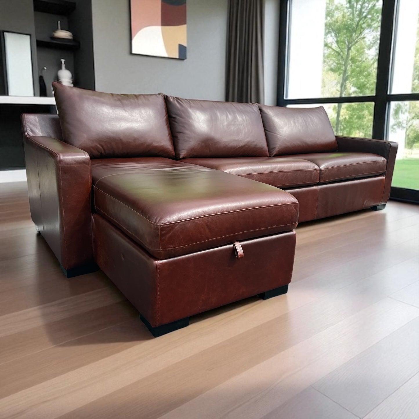 Interior Define Sloan Leather Chaise Sleeper Storage Sectional