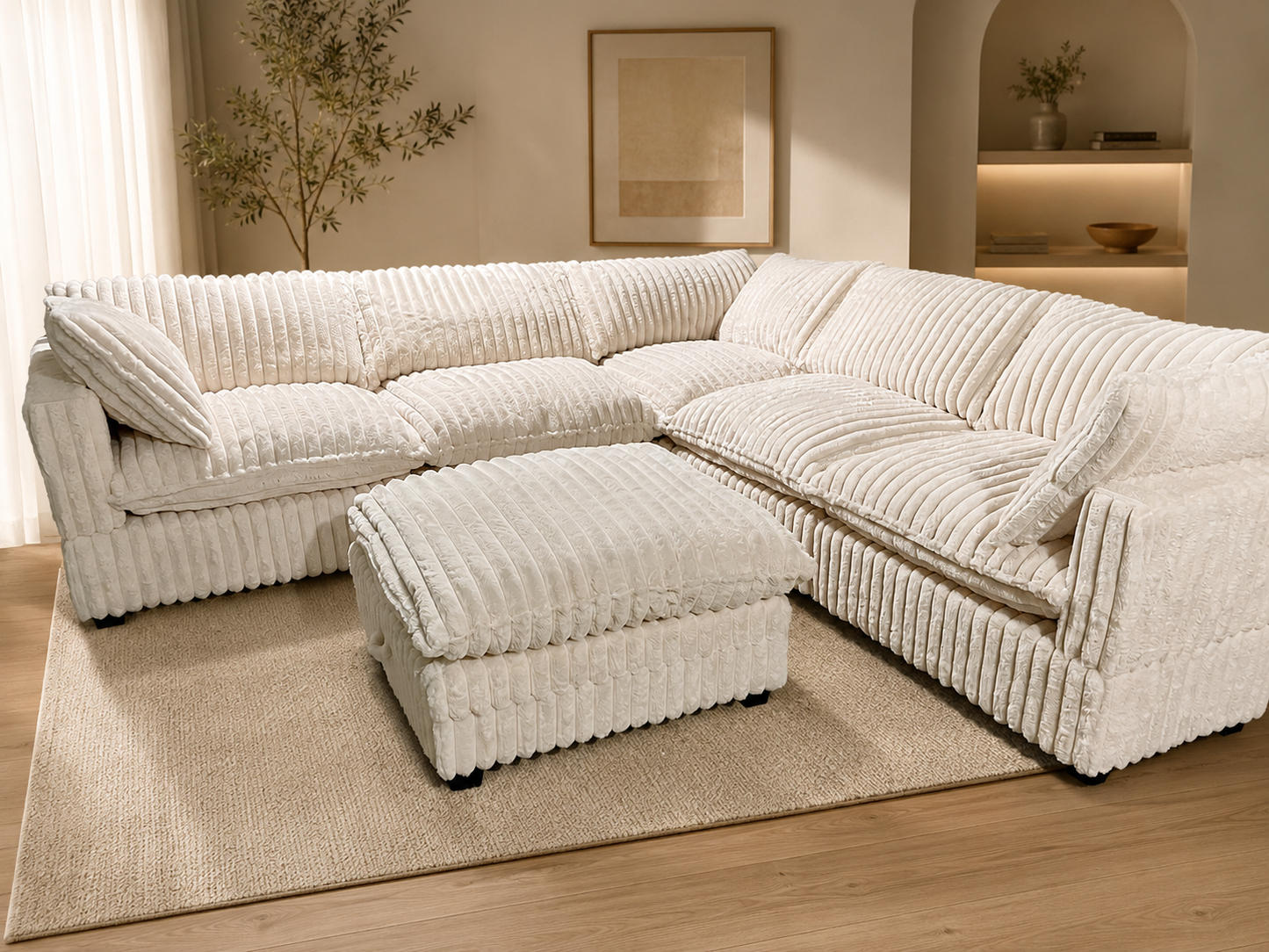 Fluffy Corduroy Cloud Style Sectional- Corner Sectional + Storage Ottoman