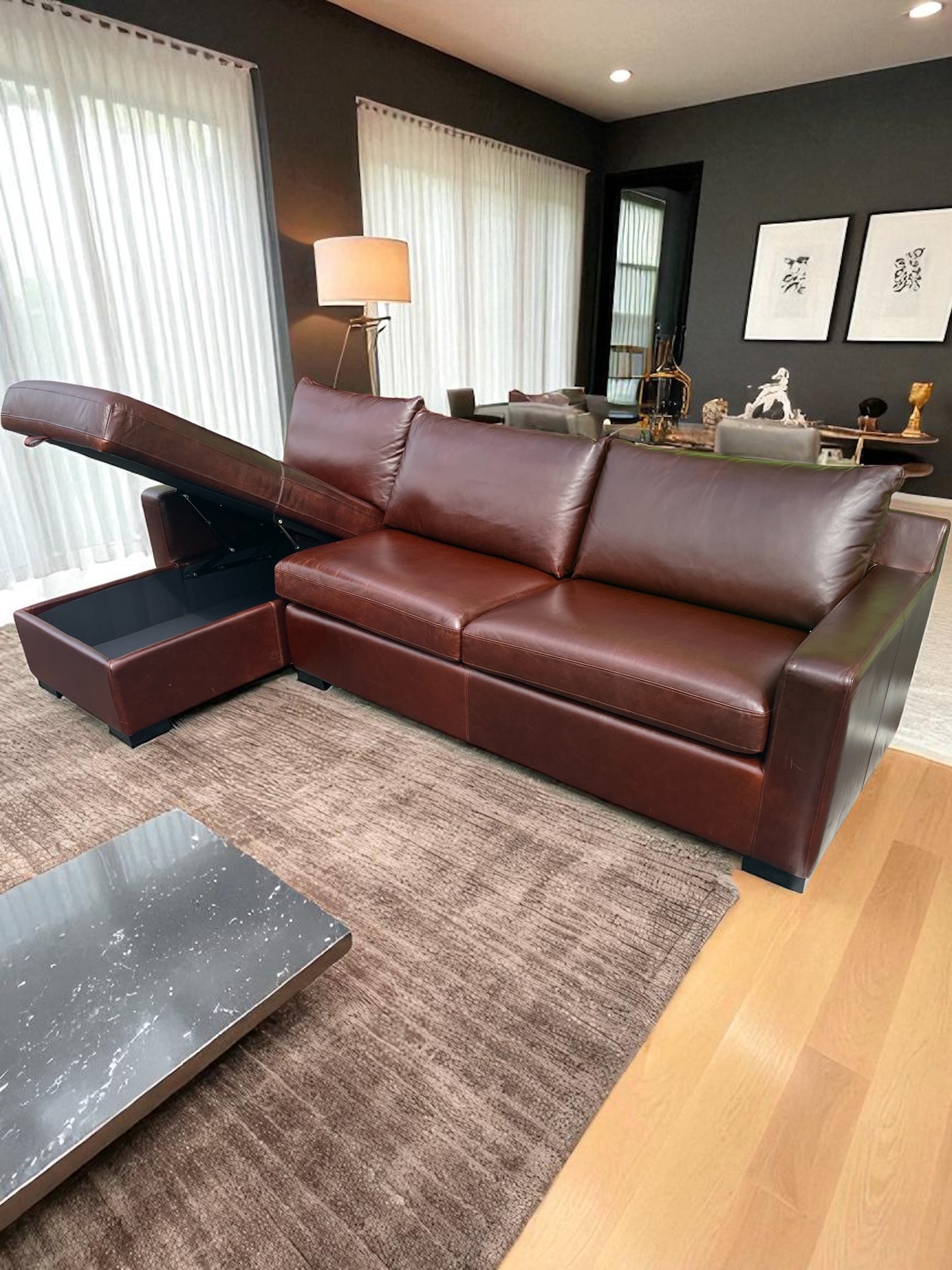 Interior Define Sloan Leather Chaise Sleeper Storage Sectional