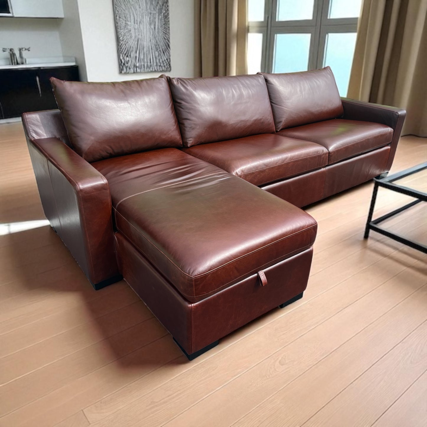 Interior Define Sloan Leather Chaise Sleeper Storage Sectional