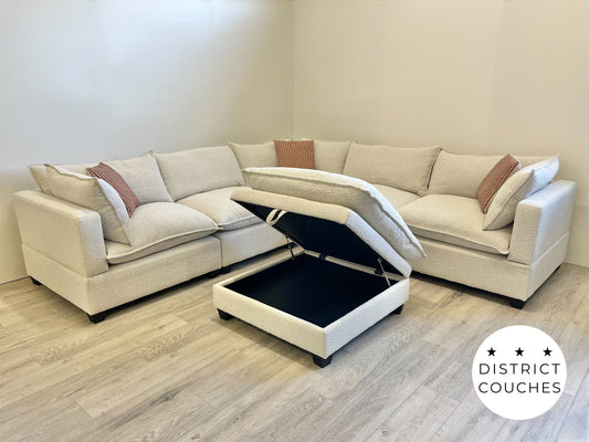 Six Piece L-Shaped Cloud-Style Sectional Couch with Ottoman