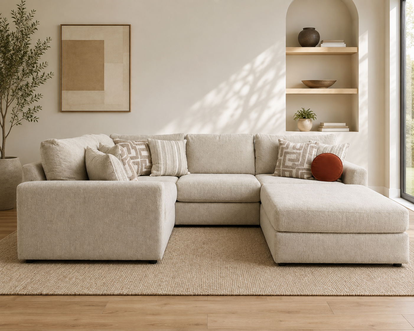 Harmont Camel Modular Enclosed L-Shape Sectional + Ottoman