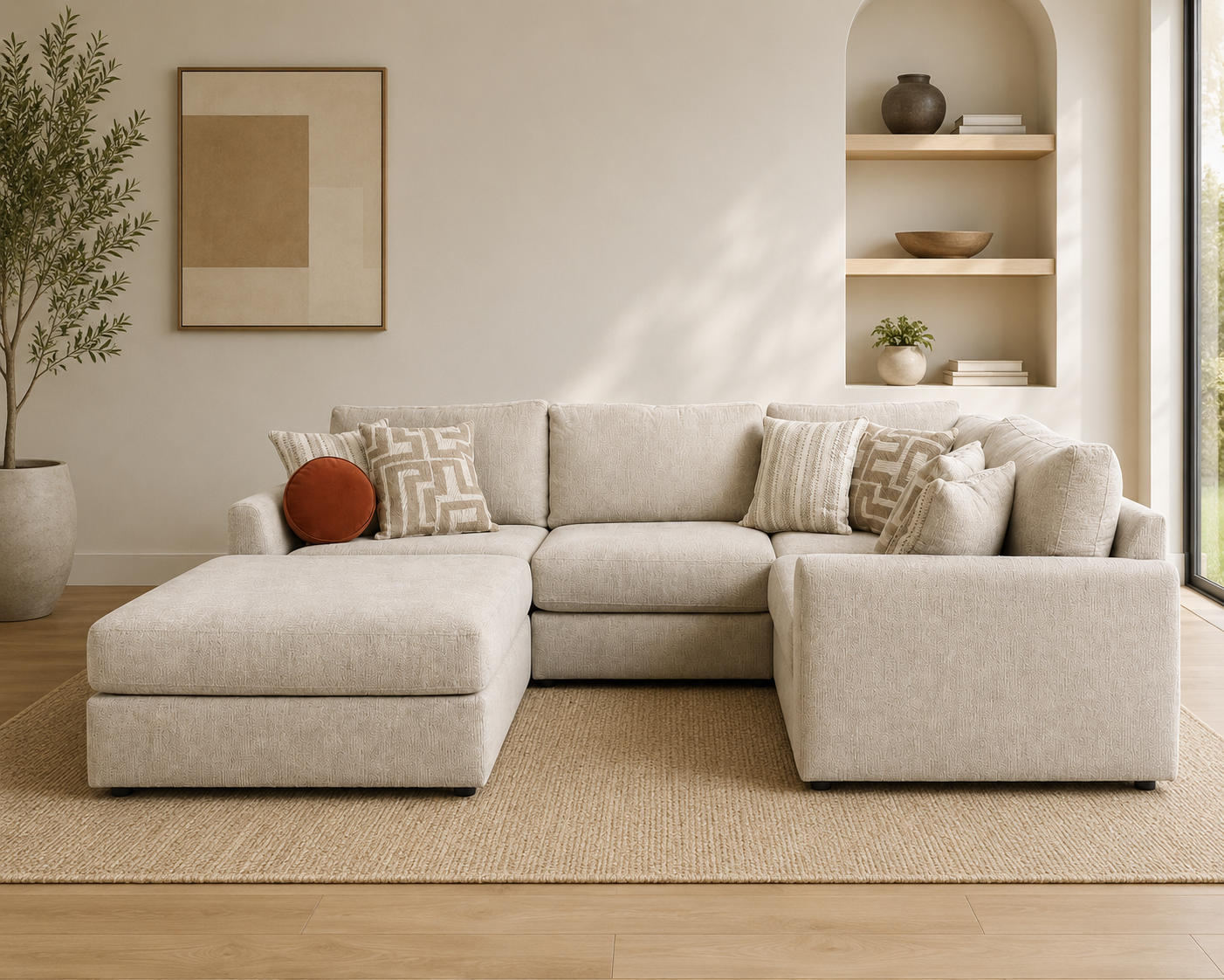 Harmont Camel Modular Enclosed L-Shape Sectional + Ottoman